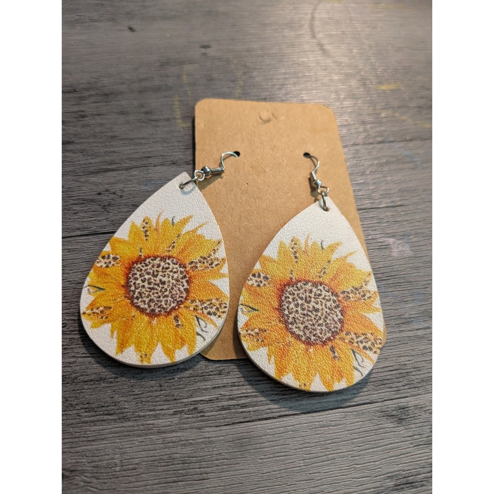 Sunflower Leopard Print Faux Leather Teardrop Dangle Earrings Boho Floral White